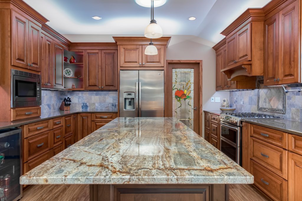 A chestnut-themed kitchen remodel with a stylish countertop